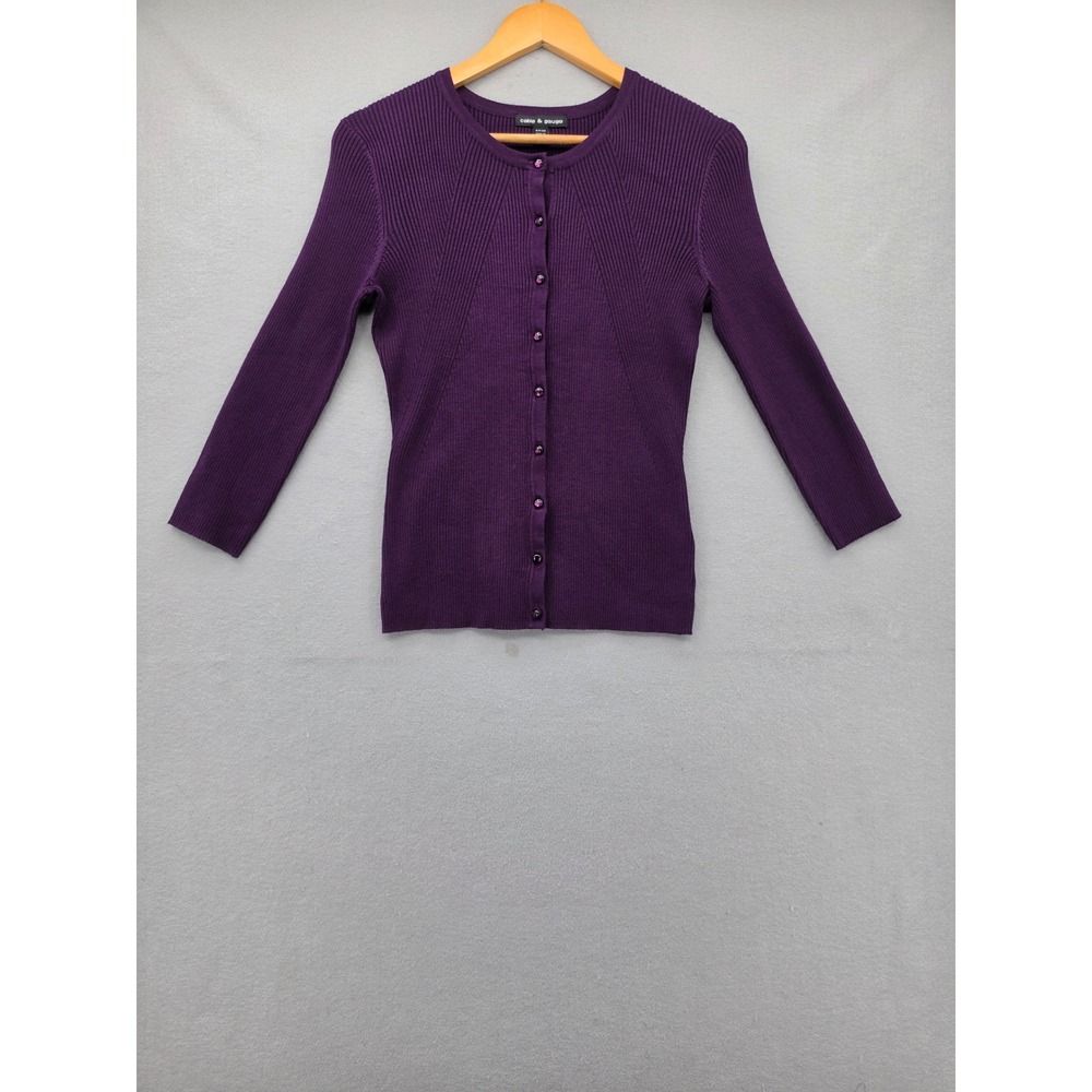 Cable & Gauge Purple Ribbed Knit Cardigan Sweater 3/4 Sleeve Button Front Small